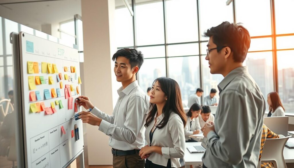 A modern office interior with warm natural lighting and clean, minimalist design. In the foreground, two young Japanese professionals, a male ESTJ and a female ISFP, collaborate intently on a task management whiteboard, using color-coded sticky notes and markers to organize their workflow. The middle ground shows their colleagues, also young Japanese, working together in small groups, discussing projects and sharing ideas. In the background, large windows offer a view of a bustling city skyline, conveying a sense of productivity and opportunity. The atmosphere is focused yet relaxed, with a sense of camaraderie and mutual understanding between the diverse team members.