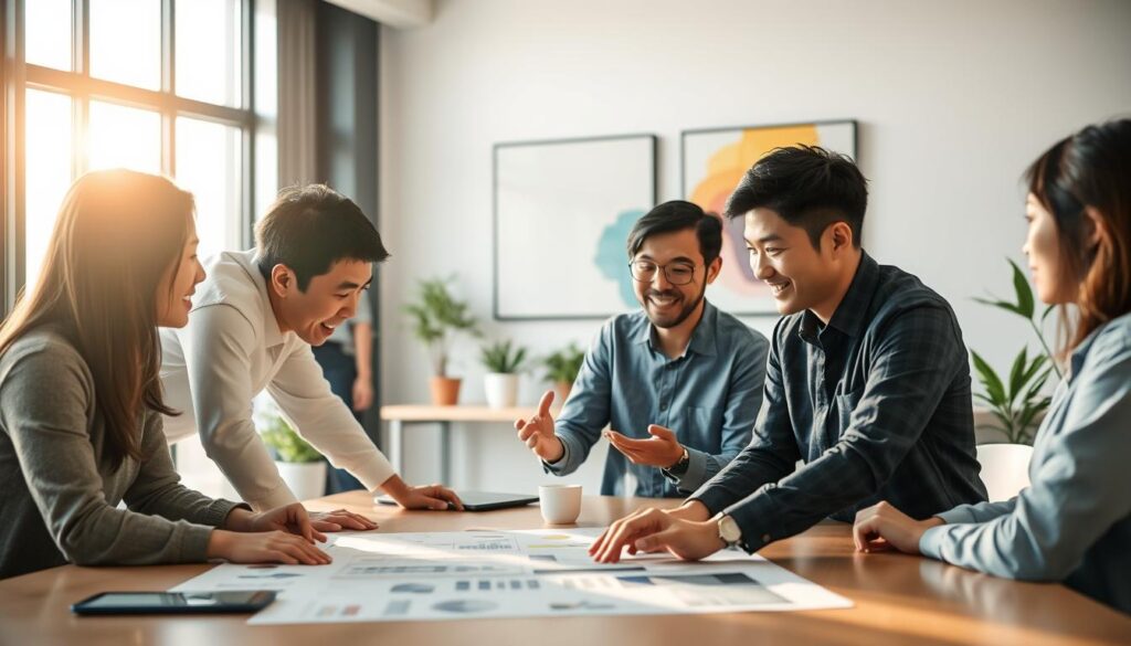 A modern office scene with a group of young, Japanese-looking professionals collaborating at a conference table. Soft, natural lighting filters through the large windows, casting a warm glow over the participants. In the foreground, two colleagues lean in, discussing a project plan laid out before them. In the middle ground, another pair engages in a lively exchange, gesturing animatedly. The background features a sleek, minimalist workspace with potted plants and abstract wall art, conveying a sense of creativity and teamwork. The overall atmosphere is one of focused, productive cooperation.