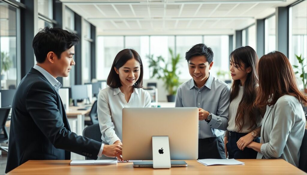 A modern open-plan office setting, with natural light streaming in through large windows. In the foreground, a group of young, professional-looking Japanese individuals collaborating on a project, their body language and facial expressions conveying a sense of teamwork and task division. In the middle ground, desks and computer equipment, while the background features neatly arranged cubicles and potted plants, creating a clean, minimalist atmosphere. The lighting is soft and even, lending a sense of calm and focus to the scene. The overall mood is one of efficient, harmonious workflow, reflecting the dynamics of an ESTJ-ESFP work partnership.
