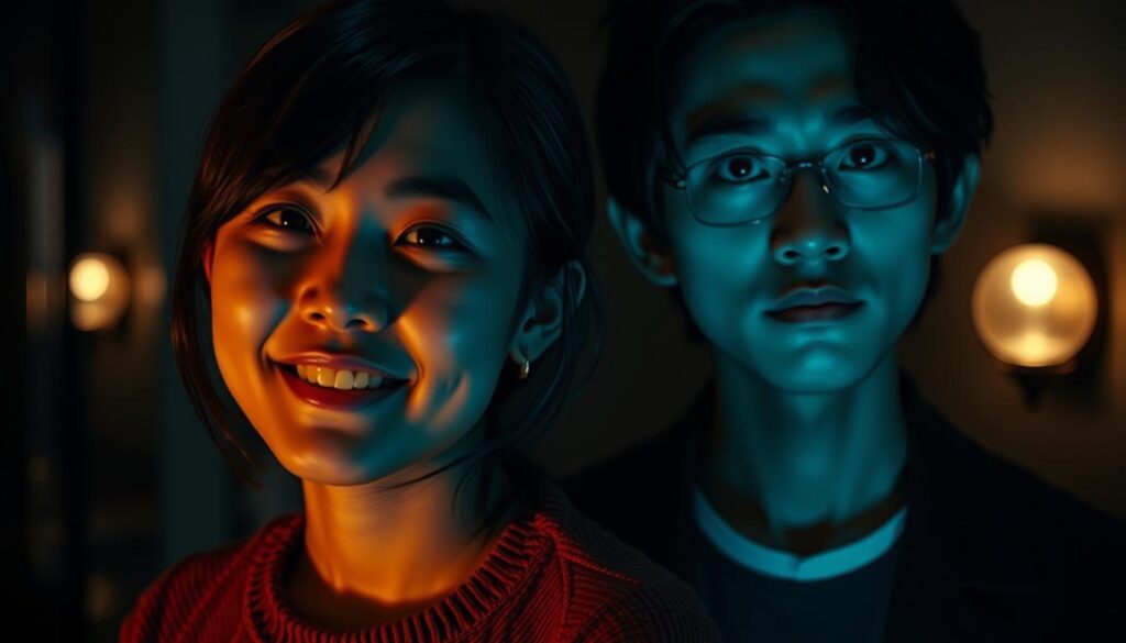 A moody, atmospheric portrait of two young Japanese individuals, their contrasting personalities and psychological functions visually depicted. In the foreground, an ESFP with a lively, expressive demeanor, their features captured in warm, soft lighting. In the background, an ESTJ with a more serious, analytical expression, illuminated by colder, more directional light. The interplay of their body language, facial expressions, and the striking contrast in lighting and mood create a compelling visual metaphor for the differences in their psychological makeup.
