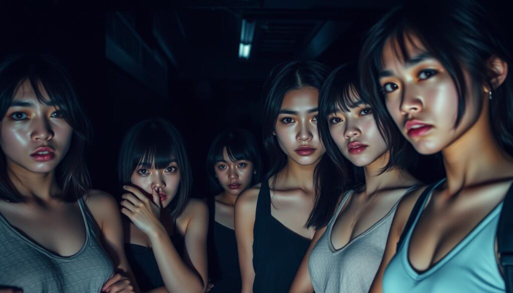 A moody, atmospheric scene depicting the conflicted personalities of ESTJ-A and their least compatible types. A group of young Japanese-looking models stand in a dimly lit urban setting, their expressions conveying tension and unease. Harsh shadows, cool blue tones, and a sense of confinement evoke the challenging dynamics between these personality types. The models' body language and facial features suggest a lack of harmony and understanding. The overall impression is one of incompatibility and discord.