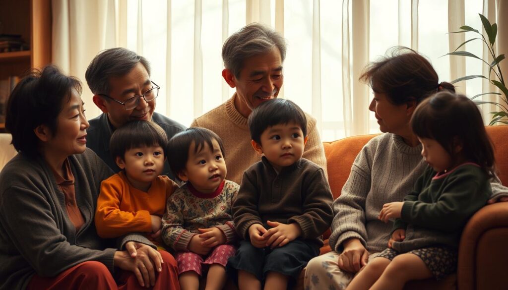 A multi-generational Japanese family gathered in a cozy living room, warm lighting casting a soft glow. Parents and grandparents seated together, with children and siblings engaging in thoughtful discussion, their facial expressions and body language conveying the nuances of their familial bonds. The composition suggests an intimate, harmonious atmosphere, as if capturing a moment of deep understanding and connection between the family members. The scene is rendered in a photorealistic style, with attention to realistic skin tones, hair textures, and clothing details that heighten the sense of authenticity.