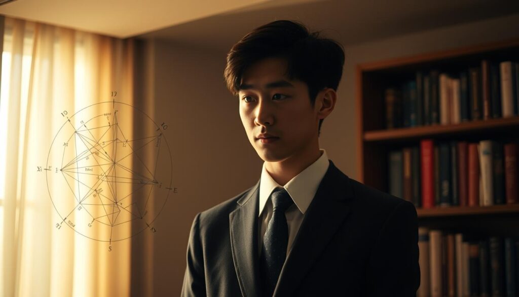 A neatly-dressed young Japanese man standing in a dimly-lit room, his face etched with a pensive expression as he contemplates a complex mathematical diagram floating before him. Soft warm lighting casts dramatic shadows, emphasizing the sharp angles of his features and the intensity of his analytical gaze. In the background, a bookshelf lined with tomes on philosophy and psychology hints at his intellectual preoccupations. The overall mood is one of deep, cerebral introspection, reflecting the INTP's tendency to prioritize logic and theory over emotional considerations in matters of the heart.