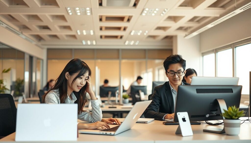 A neatly organized office space with a team of focused young Japanese-looking professionals working diligently at their desks. The lighting is warm and inviting, creating a sense of calm productivity. The room is clean and minimalist, with neutral tones and subtle decorative elements that contribute to the overall atmosphere of stability and efficiency. The employees are engaged in their tasks, collaborating seamlessly, and demonstrating a strong sense of teamwork and camaraderie. The scene conveys a stable, well-structured work environment that fosters productivity and employee satisfaction.