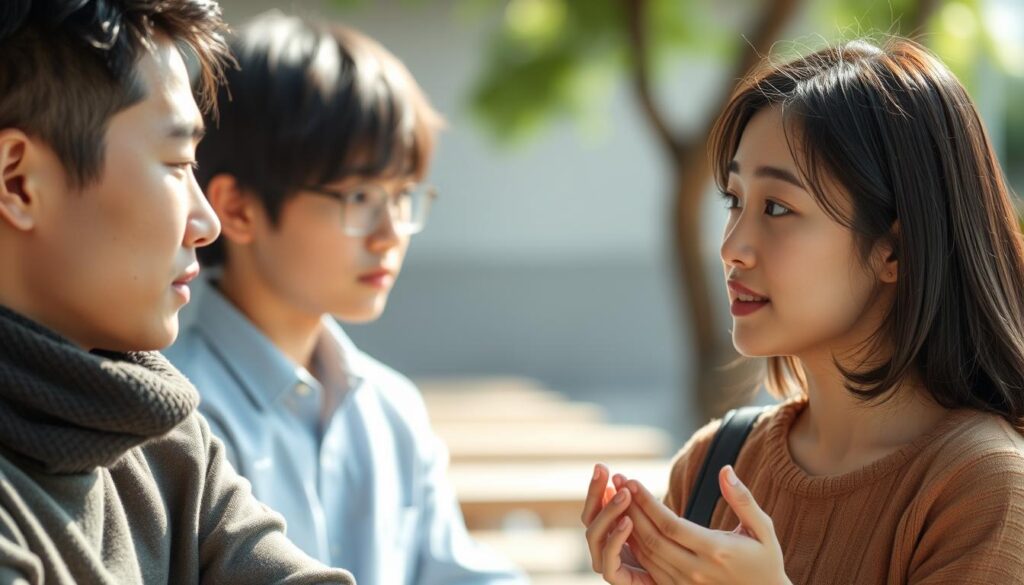 A pair of young Japanese individuals engaged in direct, honest discussion. Soft, natural lighting illuminates their earnest expressions as they make eye contact, conveying a sense of openness and trust. The background is blurred, keeping the focus on their straightforward, unambiguous communication. Captured with a shallow depth of field, the image radiates a mood of sincerity and transparency befitting the concept of "まっすぐなコミュニケーション."