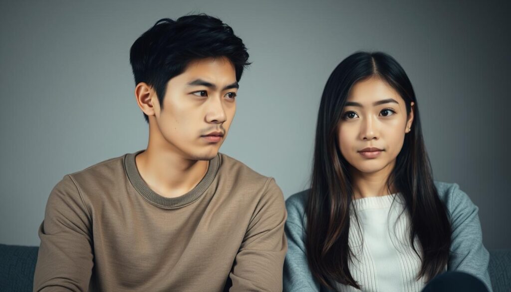 A pair of young, Japanese-looking individuals sitting face-to-face, expressions conveying confusion and miscommunication. Soft, muted lighting illuminates their earnest expressions as they attempt to bridge the gap between them. The background is a neutral, blurred setting, allowing the focus to remain on the couple's interaction and the challenge of finding common ground. The overall mood is one of thoughtful introspection, with a sense of openness and a desire to understand each other's perspectives.