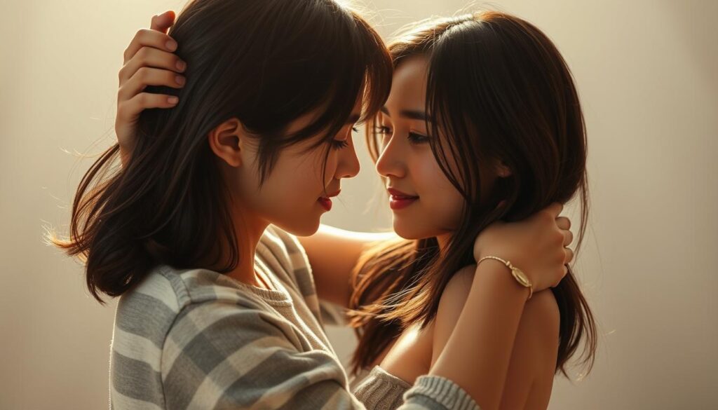 A passionate, soulful embrace between two young Japanese-looking individuals, their bodies intertwined in a tender dance of intimacy. Soft lighting bathes the scene, casting a warm, romantic glow that accentuates the depth of their connection. Their eyes locked in a mesmerizing gaze, conveying a profound emotional bond that transcends the physical. The composition captures the essence of their heartfelt, impassioned love, a union of spirits that emanates an aura of pure, unwavering devotion.