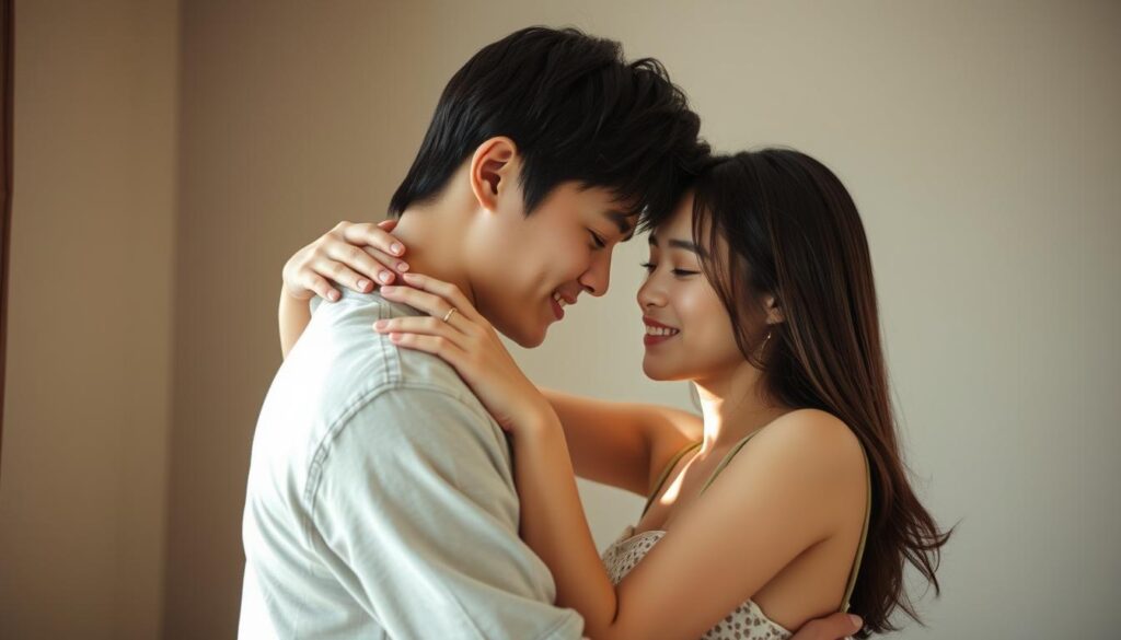 A passionate, tender embrace between two young Japanese individuals, their bodies intertwined in a heartfelt display of affection. Soft, natural lighting caresses their skin, casting a warm, intimate glow. The woman's delicate fingers gently trace the man's jawline, their gazes locked in a moment of profound emotional connection. The background fades into a dreamy, out-of-focus setting, allowing the subjects to be the sole focus, their body language conveying the depth of their love and desire.