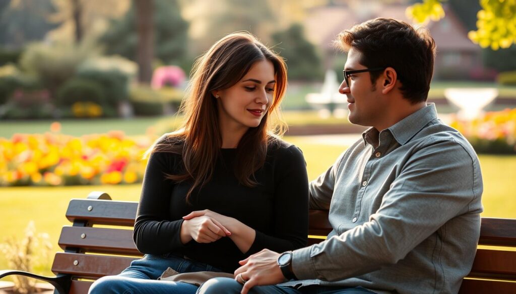 A peaceful couple sitting on a park bench, their expressions calm and understanding. The woman, an ESFJ, listens intently as the man, an ENFP, speaks. Warm, diffused lighting illuminates their faces, creating a sense of intimacy and introspection. In the background, a lush garden with vibrant flowers and a serene pond, symbolizing the harmony they strive to achieve. The entire scene conveys a mood of contemplation and resolution, hinting at the journey of compromise and growth they navigate in their relationship.