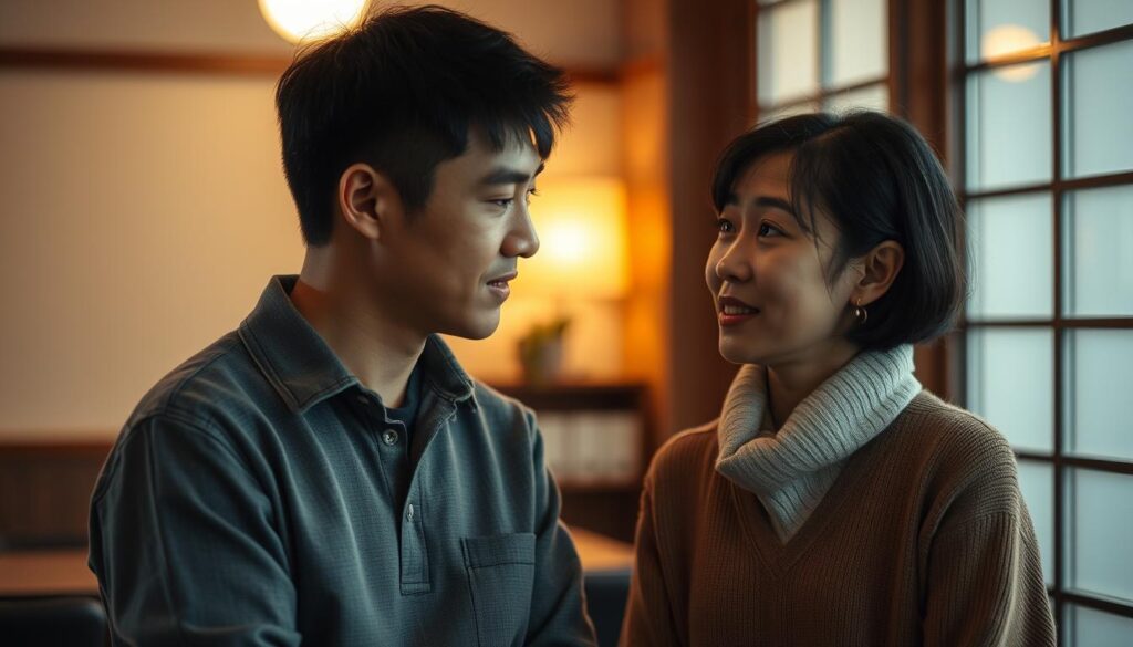 A peaceful, open dialogue between two young Japanese individuals, surrounded by a warm, softly lit environment. The pair, a man and a woman, engage in a thoughtful, heartfelt conversation, their expressions conveying the importance of effective communication and mutual understanding. The scene is captured with a shallow depth of field, drawing the viewer's attention to the intimate, face-to-face exchange, creating a sense of connection and understanding. Soft, diffused lighting casts a serene atmosphere, emphasizing the tranquility and depth of the moment.