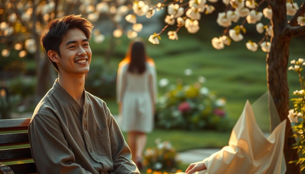 A peaceful, tranquil garden scene with a young Japanese man sitting on a bench, his face radiating a serene, compassionate expression. Warm, diffused lighting casts a gentle glow, creating an atmosphere of trust and comfort. In the middle ground, a woman approaches him, her body language conveying a sense of openness and receptiveness. The background features a lush, verdant landscape with blossoming flowers, symbolizing the nurturing, caring nature of their interaction. The overall mood is one of tenderness, empathy and a profound connection between the two individuals.