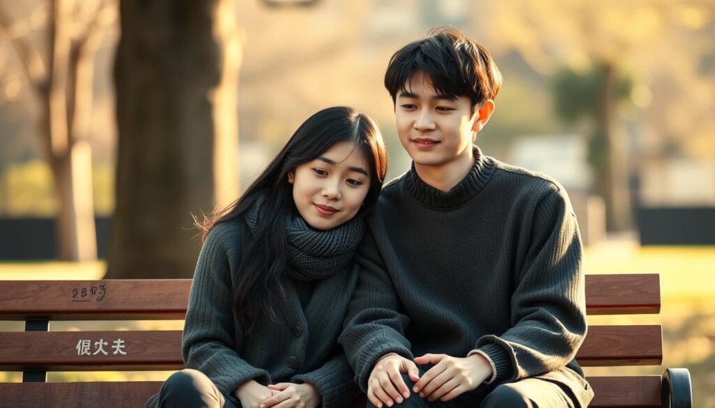 A peaceful, warm-toned scene depicts two young, Japanese-looking people sitting together on a park bench, their expressions serene and connected. Soft, natural lighting illuminates their faces, creating a sense of harmony. The background is blurred, allowing the figures to take center stage, their body language suggesting an effortless, flexible responsiveness to each other's needs. The overall mood evokes a sense of emotional intimacy and the beauty of adapting to change with grace.
