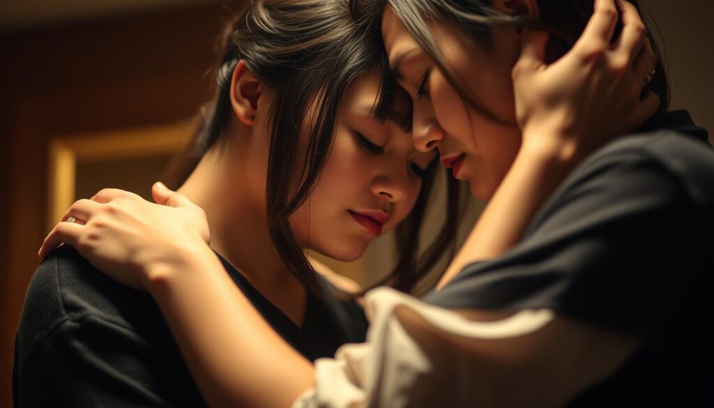 A pensive INTJ woman tenderly embraces her partner, their foreheads touching, eyes closed in a moment of intimate, unspoken connection. Soft, warm lighting caresses their faces, conveying the depth of their emotional bond beyond the surface. The couple's bodies are rendered in a realistic photographic style, their Japanese-inspired features reflecting the complexity and intensity of their exclusive, all-consuming love.
