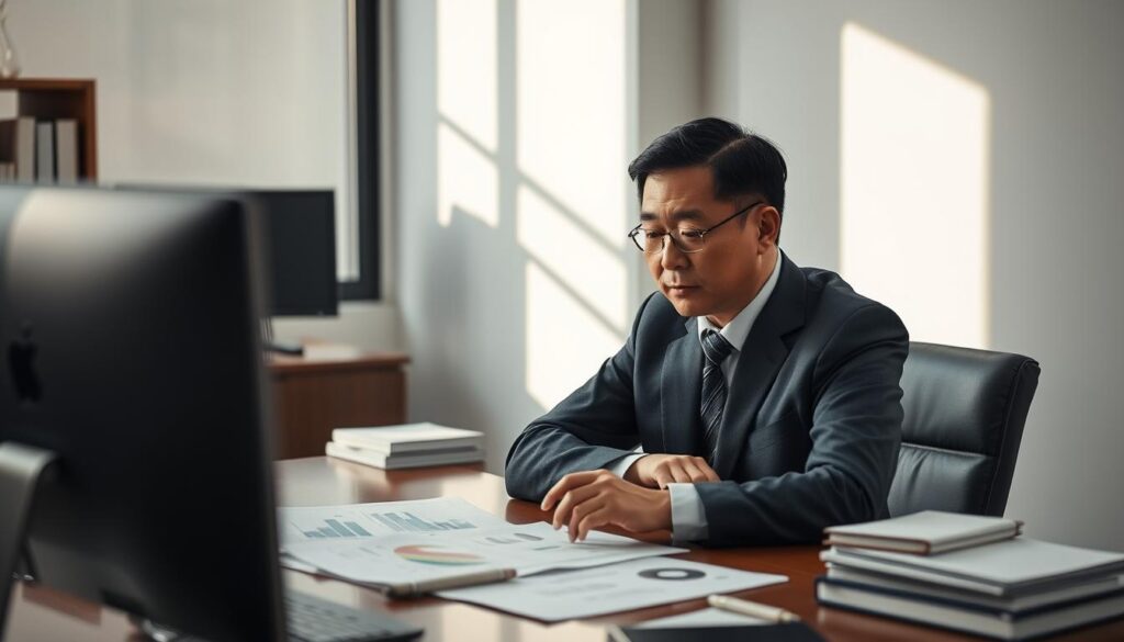 A pensive Japanese man sits at a desk, surrounded by a minimalist, yet sophisticated office setting. Soft, natural lighting illuminates the scene, casting gentle shadows and highlighting the thoughtful expression on his face. His brow is furrowed, deep in contemplation, as he meticulously examines data and charts spread before him. The atmosphere is one of focused concentration and careful decision-making, reflecting the complex process of information analysis and strategic decision-making. The scene conveys a sense of quiet determination and intellectual rigor, capturing the essence of the challenges faced by the INTP personality type.