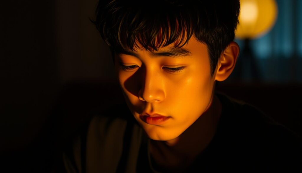 A pensive young Japanese man sits in a dimly lit room, his face illuminated by warm, soft lighting. Shadows cast across his features, hinting at the inner turmoil and emotional complexity within. His brow is furrowed, eyes downcast, reflecting a deep introspection. The background is blurred, creating a sense of isolation and focus on his intricate emotional state. The scene conveys a sense of vulnerability, authenticity, and a willingness to confront the nuances of his romantic perspectives and inner struggles.