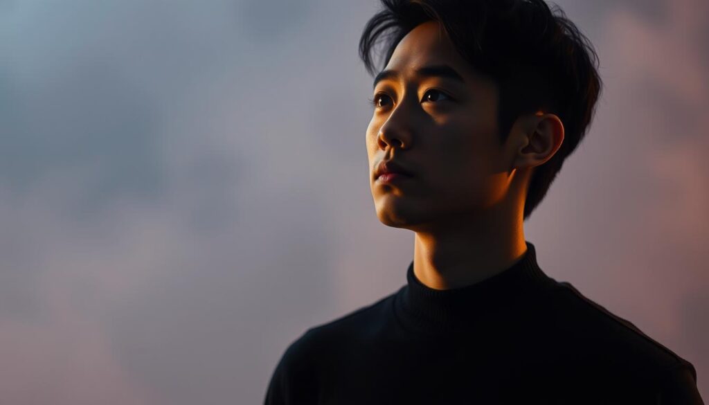 A pensive young Japanese man standing in a dimly lit, abstract space, his features softly illuminated by warm, gentle lighting. He gazes inwardly, contemplating ways to improve his self-expression and connect more authentically with potential romantic partners. The background is hazy and minimalist, allowing the viewer to focus on the man's introspective mood and his journey of personal growth. The composition is balanced, with the subject positioned centrally and the lighting creating a sense of depth and atmosphere. The overall tone is one of quiet reflection and the subtle, nuanced exploration of one's inner world.