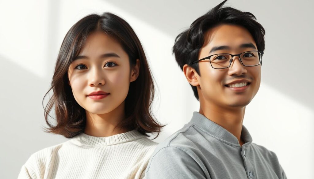 A photo of two young Japanese-looking individuals standing side-by-side, one with a focused, determined expression and the other with a warm, sociable demeanor. The figures are set against a minimalist, softly-lit background, highlighting the contrast between their leadership and social personalities. The lighting is natural and flattering, creating a sense of balance and harmony. The overall composition emphasizes the complementary nature of these two distinct traits, inviting the viewer to consider the interplay between them.