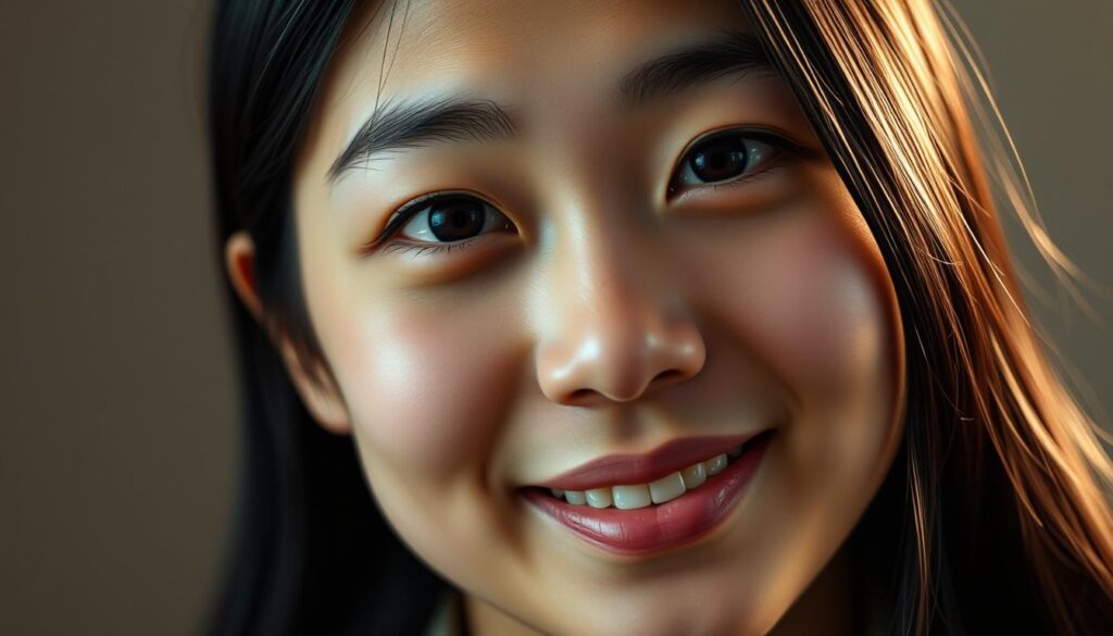 A photorealistic close-up portrait of a young Japanese-looking person with black hair, showing their ESFJ-T personality traits. The subject has a warm, approachable expression, highlighting their strengths as a natural caregiver and people-pleaser. The lighting is soft and flattering, with a subtle glow around the face. The background is muted and blurred, keeping the focus on the subject's features and emotions. The overall mood is introspective, inviting the viewer to reflect on the nuances of this personality type.