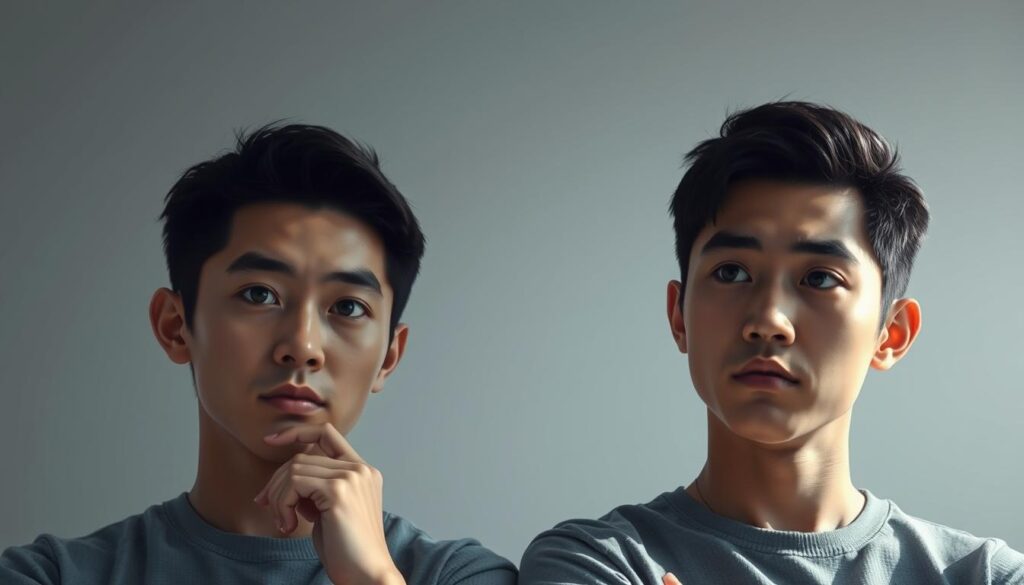 A photorealistic digital illustration depicting two young, Japanese-looking men in a thoughtful, contemplative pose. The subjects have a serious, focused expression, with their eyes meeting the viewer's gaze. The lighting is soft and directional, creating subtle shadows that accentuate their facial features. The background is simple and minimalist, allowing the subjects to be the central focus. The overall mood is one of introspection and analytical comparison, fitting the subject matter of "INTP-T and INTP-A characteristics". The scene is captured with a medium-close framing, emphasizing the subjects' body language and facial expressions.