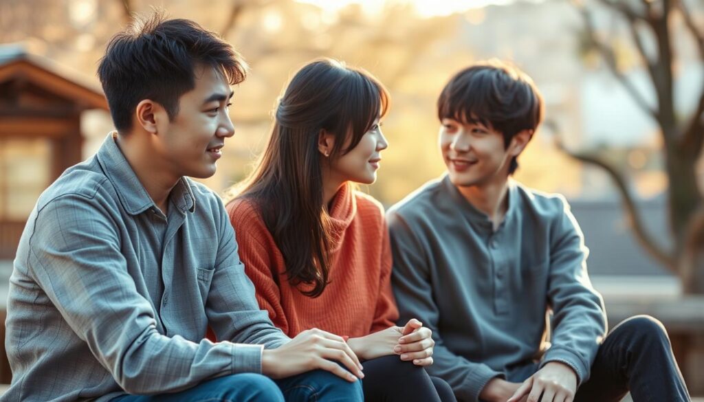 A picturesque scene depicting two young Japanese individuals, a man and a woman, engaged in a thoughtful discussion. They sit across from each other, their body language conveying a sense of trust and cooperation. The scene is bathed in warm, natural lighting, casting a soft glow on their features. The background is blurred, keeping the focus on the couple's interaction and the subtleties of their facial expressions. The overall atmosphere suggests a harmonious, collaborative dynamic as they navigate the challenges of building a strong relationship based on defined roles and mutual trust.