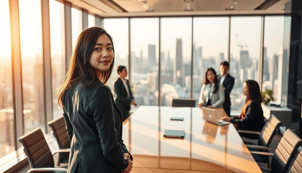 A professional office setting, bathed in warm, natural lighting. In the foreground, a young Japanese woman with a serene, confident expression stands at the head of a conference table, her body language conveying a sense of authority and poise. Her colleagues, also young Japanese professionals, listen intently, engaged in a lively discussion. The middle ground features sleek, modern furniture and decor, suggesting a sophisticated, high-performing workplace. In the background, floor-to-ceiling windows offer a panoramic view of a bustling city skyline, reinforcing the idea of a dynamic, thriving business environment. The overall atmosphere is one of productivity, collaboration, and effective leadership.