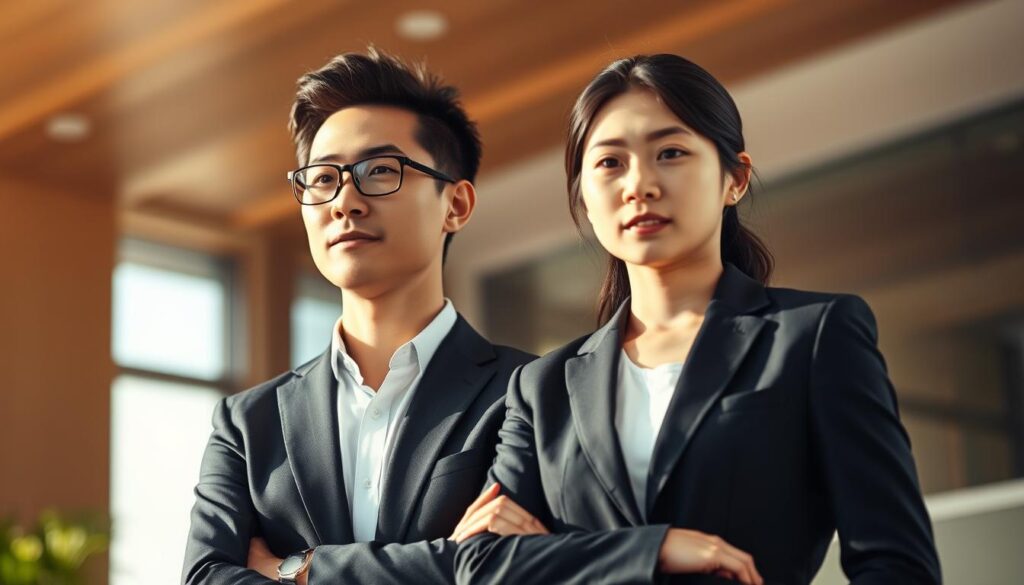 A professional, well-dressed businessman standing confidently, his gaze focused and determined. Next to him, a poised, attentive manager, their body language and expressions complementing each other, highlighting the synergy between entrepreneurial vision and administrative expertise. The scene is bathed in warm, natural lighting, creating a sense of harmony and collaboration. The background is slightly blurred, emphasizing the connection between the two figures. The models have a youthful, Japanese-inspired appearance, adding a touch of cultural nuance to the scene.
