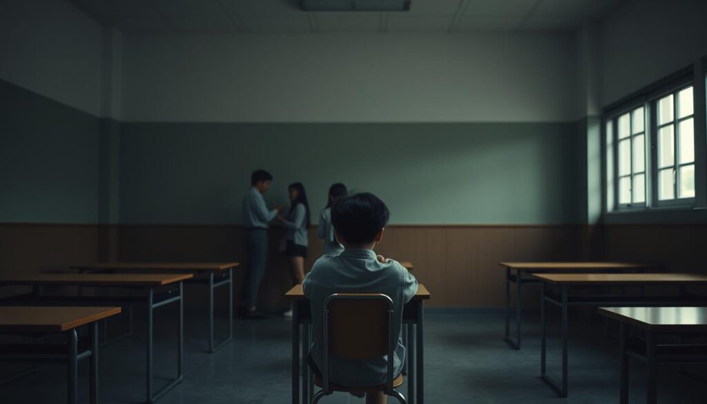 A quiet, dimly-lit classroom setting. In the foreground, a solitary young Japanese student sits alone at a desk, their head bowed as they appear lost in thought. The middle ground reveals a few other students interacting in small groups, highlighting the student's sense of isolation. The background showcases the generic, impersonal nature of the school environment - empty desks, bare walls, and a muted color palette. Soft, natural lighting filters through the windows, casting a somber, introspective mood. The scene conveys the loneliness and social disconnection experienced by the introverted INFJ protagonist.