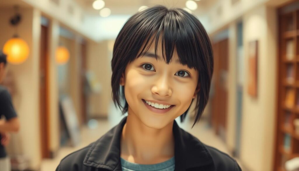 A realistic and vibrant portrait of a young Japanese-looking person with dark hair, exuding an energetic, expressive, and imaginative presence. The subject stands in a well-lit, inviting indoor setting, their eyes shining with curiosity and their body language conveying a sense of openness and warmth. The composition draws the viewer's attention to the subject's face, capturing the essence of the ENFP personality - spontaneous, enthusiastic, and deeply engaged with their surroundings. The overall mood is warm, engaging, and reflective of the ENFP's natural charisma and zest for life.