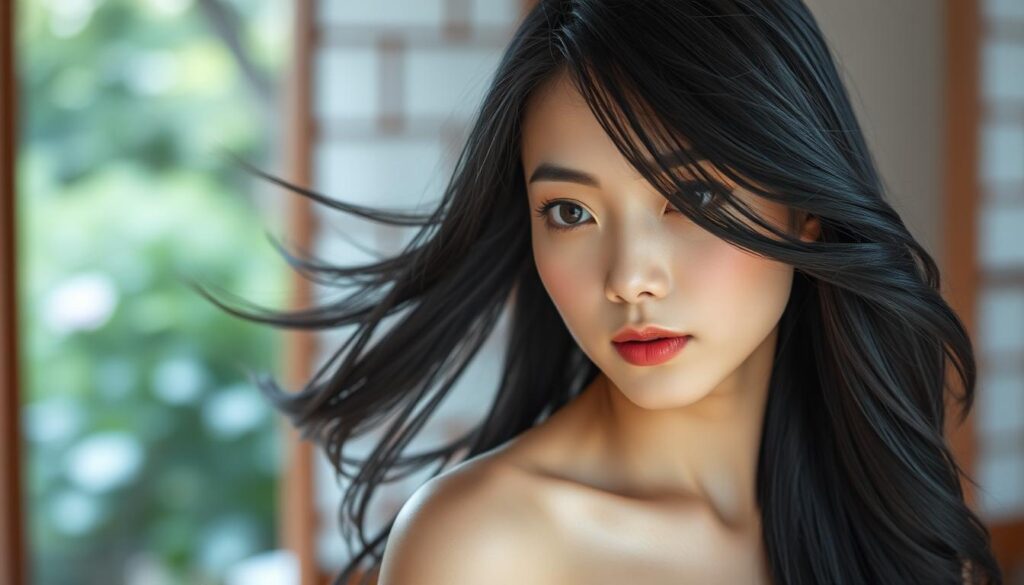 A refined and alluring Japanese woman, with flowing black hair and captivating facial features, stands gracefully in a tranquil setting. Soft, natural lighting illuminates her serene expression, accentuating her delicate beauty. In the background, a serene garden or cozy interior creates a soothing, intimate atmosphere, perfectly complementing the ESTP's preference for a refined, sophisticated partner. The scene exudes a sense of harmony and elegance, reflecting the ESTP's appreciation for balance and poise.