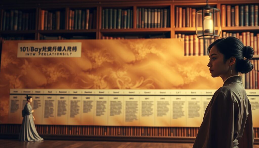 A richly detailed historical progression of personality assessment, showcasing the evolution of influential models like MBTI. Elegant figures in the foreground, thoughtfully posed, represent the diverse perspectives that have shaped this field. The middle ground features a timeline of breakthroughs, rendered in a warm, sepia-toned palette that evokes the passage of time. In the background, a bookshelf overflows with tomes on psychology, hinting at the deep intellectual foundations underlying modern personality typing. Soft, flattering lighting illuminates the scene, creating an atmosphere of scholarly contemplation. The young, Japanese-inspired models convey a sense of timeless wisdom and insight.
