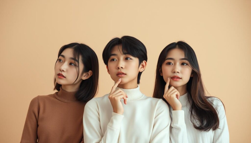 A romantic compatibility assessment in a minimalist, elegant design. Featuring a serene composition of three young Japanese models with thoughtful expressions, captured in a warm, soft-focus lighting. The models are arranged in a triangular formation, conveying a sense of interpersonal connection and dynamics. The background maintains a muted, neutral palette to keep the focus on the subjects and their emotional connection. The overall mood is one of introspection, intimacy, and the exploration of compatibility in relationships. A romantic compatibility assessment in a minimalist, elegant design. Featuring a serene composition of three young Japanese models with thoughtful expressions, captured in a warm, soft-focus lighting. The models are arranged in a triangular formation, conveying a sense of interpersonal connection and dynamics. The background maintains a muted, neutral palette to keep the focus on the subjects and their emotional connection. The overall mood is one of introspection, intimacy, and the exploration of compatibility in relationships.