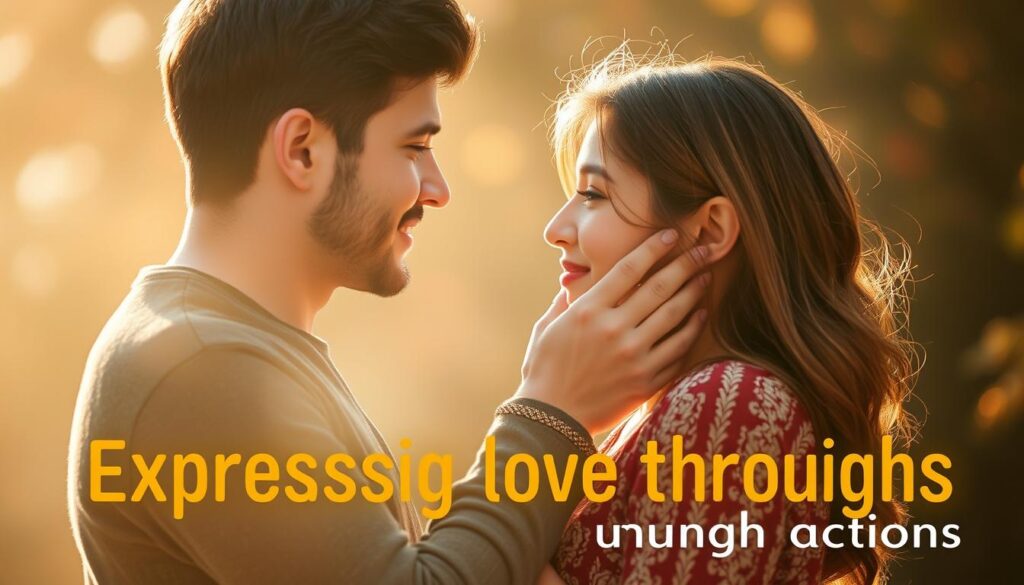 A romantic couple standing close together, gazing into each other's eyes with a soft, intimate expression. The man gently cups the woman's face, his touch conveying a sense of tenderness and affection. They are surrounded by a warm, dreamlike atmosphere, with soft, diffused lighting that highlights their features and creates a sense of intimacy. The background is blurred, drawing the focus solely onto the couple's emotional connection. Their body language and facial expressions radiate a deep, soulful love, capturing the essence of "expressing love through actions."