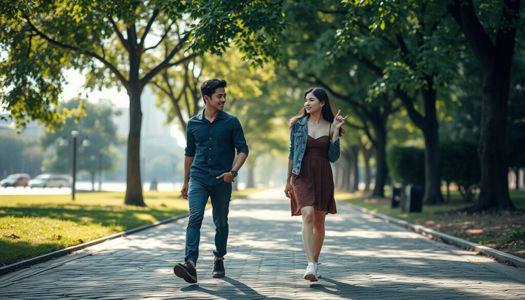 A romantic couple strolling leisurely through a tranquil city park, maintaining a comfortable distance between them. The man and woman, both in their 20s with dark, East Asian-inspired features, are dressed casually but stylishly, their footsteps echoing on the cobblestone path. Soft, diffused sunlight filters through the lush, verdant trees, casting a warm, intimate glow on the scene. In the background, the distant cityscape appears hazy, blurred to emphasize the focus on the two individuals and their subtle, understated connection. The overall mood is one of subtle intimacy, a sense of emotional closeness without physical proximity.