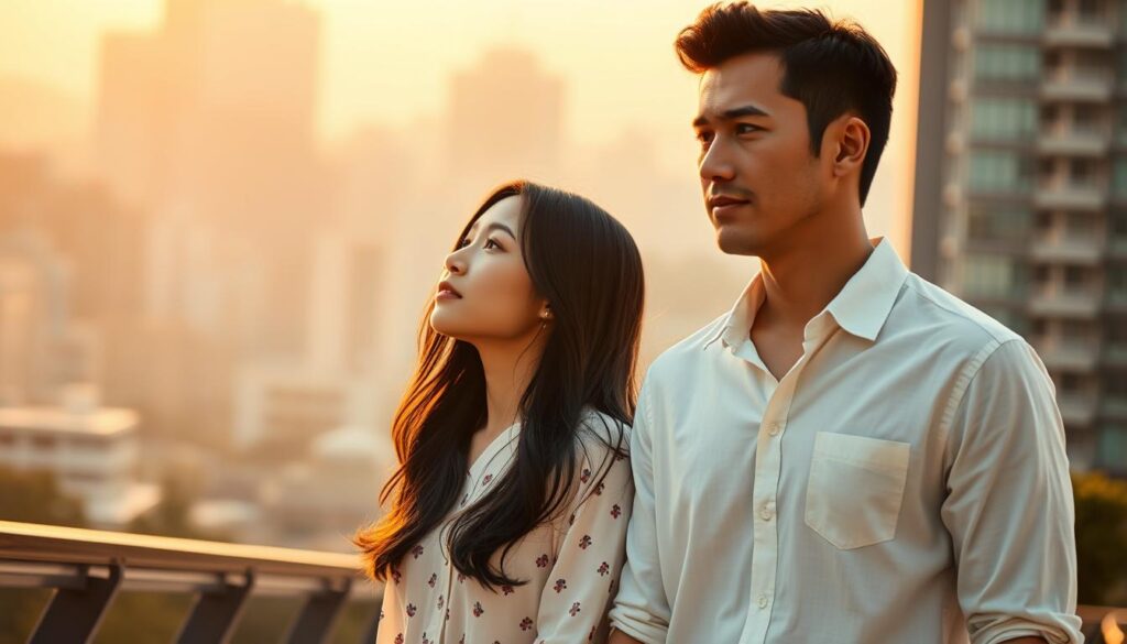 A romantic couple walks hand-in-hand against a backdrop of a vibrant cityscape. The woman, with long, silky black hair and delicate Japanese features, gazes up at her partner with adoration. He is tall and handsome, his strong jawline and piercing eyes conveying a sense of intelligence and confidence. Warm, golden lighting filters through the scene, creating a soft, dreamlike atmosphere. The couple's body language suggests a deep, soulful connection, as if they are perfectly in sync, their individual identities merging into a harmonious whole. This is the ideal partnership - a meeting of minds, hearts, and spirits, where two individuals have found their true counterpart. A romantic couple walks hand-in-hand against a backdrop of a vibrant cityscape. The woman, with long, silky black hair and delicate Japanese features, gazes up at her partner with adoration. He is tall and handsome, his strong jawline and piercing eyes conveying a sense of intelligence and confidence. Warm, golden lighting filters through the scene, creating a soft, dreamlike atmosphere. The couple's body language suggests a deep, soulful connection, as if they are perfectly in sync, their individual identities merging into a harmonious whole. This is the ideal partnership - a meeting of minds, hearts, and spirits, where two individuals have found their true counterpart.
