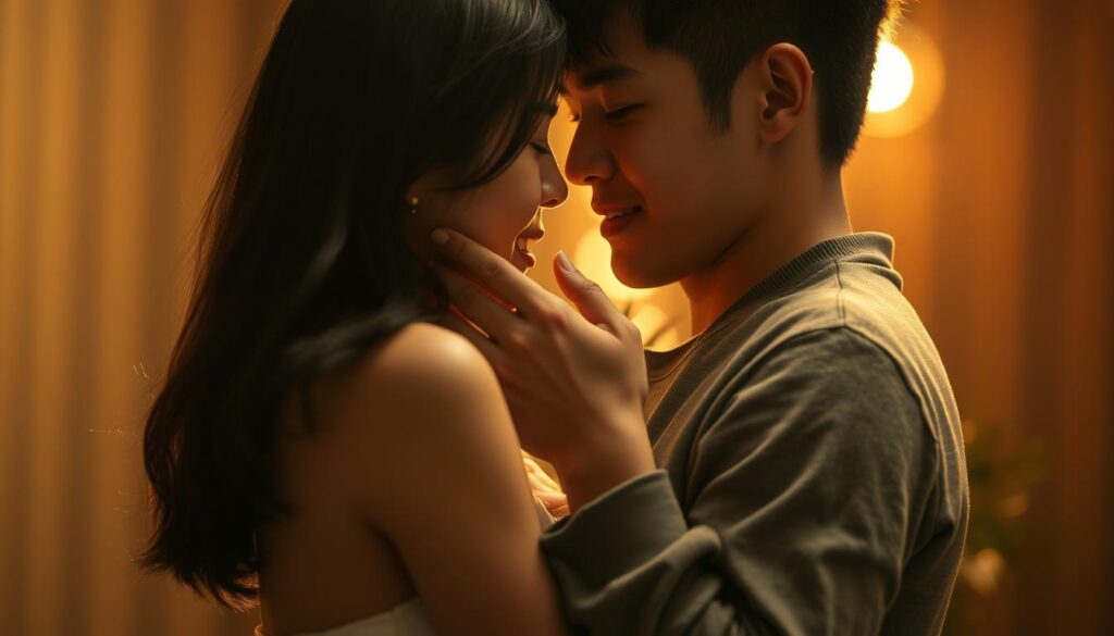 A romantic, emotionally-charged scene featuring a young Japanese couple embracing passionately. The foreground depicts the pair, their bodies intertwined, hands exploring each other with a sense of urgency and desire. Soft, warm lighting bathes the scene, casting a golden glow and creating an intimate, sensual atmosphere. The background is blurred, placing the focus squarely on the lovers' connection, their faces mere inches apart, expressions reflecting the depth of their feelings. The overall mood is one of deep, unbridled passion, a testament to the alluring charm and emotional expressiveness of the ESFP personality type.