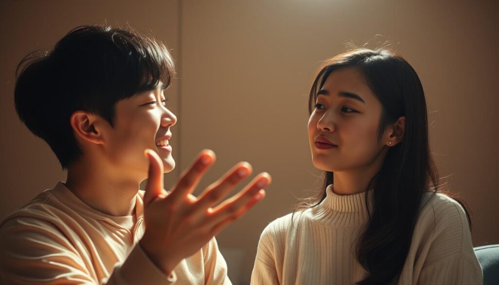 A romantic, intimate scene between a visionary ESTP and a pragmatic ISTJ. In the foreground, the ESTP gestures animatedly, brimming with energy and spontaneity, while the ISTJ listens intently, their expression pensive yet receptive. Warm lighting illuminates their youthful, Japanese-inspired features, creating a sense of harmony and understanding. In the background, a minimalist, muted setting suggests the blending of their contrasting personalities - the ESTP's impulsiveness and the ISTJ's methodical nature coalescing in a moment of mutual appreciation and synergy.