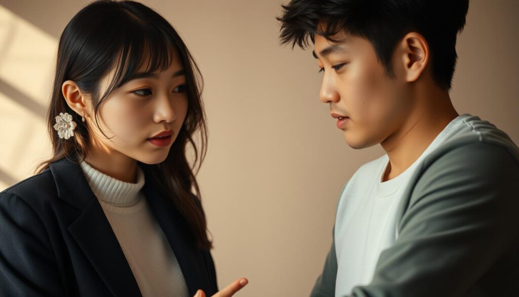 A romantic scene of two young Japanese individuals engaged in a deep discussion, their expressions conveying the intensity of an MBTI-inspired love strategy. Soft, natural lighting illuminates their features, set against a minimalist background of muted, earthy tones. The composition focuses on their faces, capturing the nuanced emotions and connection between them, hinting at the complexities of ENFP personality traits and their approach to relationships.