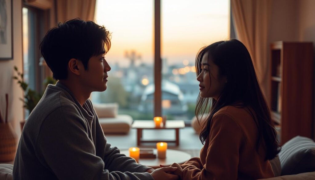 A romantic scene of two young, beautiful Japanese-looking individuals deeply engaged in a heartfelt conversation. The foreground features the couple, their faces illuminated by soft, warm lighting that creates an intimate atmosphere. In the middle ground, a cozy, minimalist living space with muted colors and natural textures provides a soothing backdrop. The background subtly hints at a tranquil outdoor setting, perhaps a secluded garden or a serene cityscape, further enhancing the sense of privacy and connection between the two protagonists. The overall mood is one of emotional intimacy, understanding, and the blossoming of a meaningful relationship.