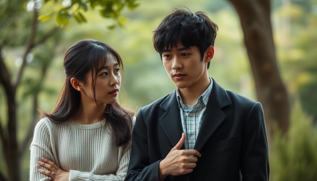 A scholarly, thoughtful dialogue between two young, Japanese-looking individuals in a serene, natural setting. Soft, diffused lighting illuminates their pensive expressions as they engage in a deep, intellectual exchange. The scene conveys a sense of contemplation and mutual understanding, with a focus on their facial features and body language rather than the background. The overall mood is one of refined, intellectual intimacy, reflecting the "ideal partner" for an INTJ personality.