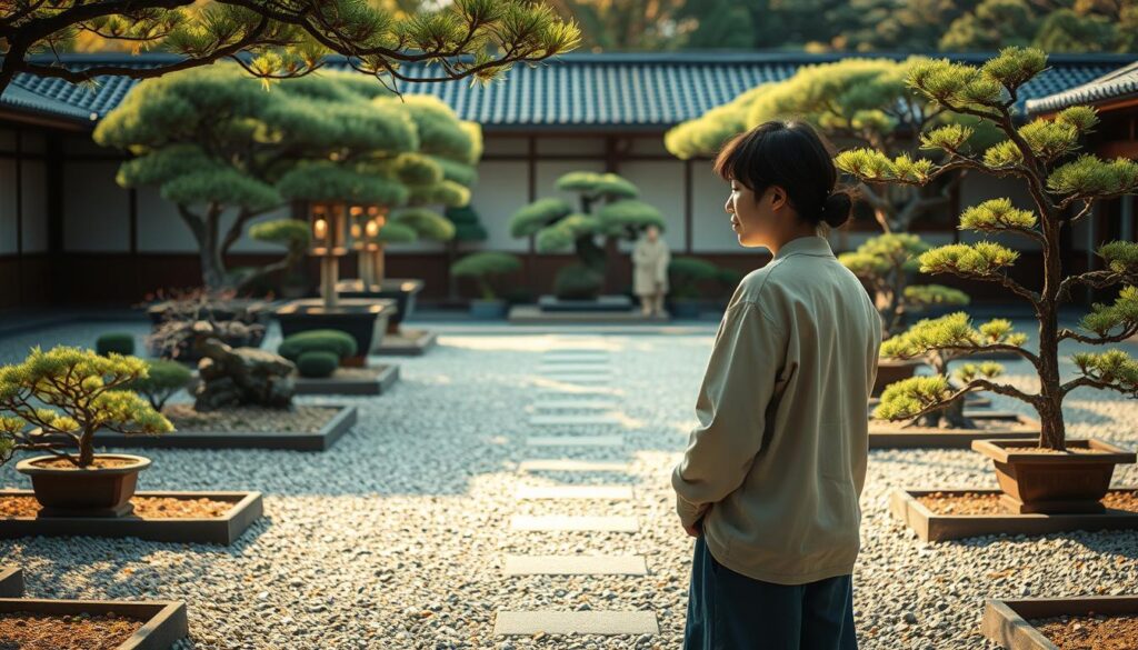 A serene Japanese garden, meticulously maintained with raked gravel paths and carefully pruned bonsai trees. Two young Japanese people, a man and a woman, engage in deep conversation, their body language conveying a sense of understanding and connection. Soft, warm lighting casts a gentle glow, creating an atmosphere of contemplation and emotional intimacy. The scene exudes a sense of tranquility, suggesting a process of mending and strengthening their relationship through open and heartfelt dialogue.