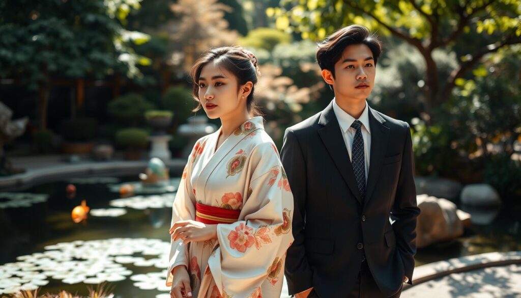 A serene Japanese garden scene, with a young woman in a flowing kimono and a young man in a smart suit, standing side by side in contemplative harmony. Soft natural lighting filters through the lush foliage, casting warm shadows on their thoughtful expressions. In the background, a koi pond reflects the vibrant greens and muted browns of the surrounding landscape, creating a sense of tranquility and balance. The composition emphasizes the complementary energies of the two figures, their different personalities coalescing into a powerful synergy.