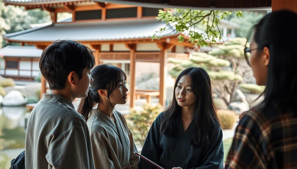 A serene Japanese garden setting, with a traditional wooden pavilion and a tranquil pond. In the foreground, several young Japanese individuals, their dark hair and features reflecting the cultural essence, engaged in thoughtful discussions and relaxed interactions. The lighting is soft and natural, capturing the essence of Japanese aesthetics. The scene conveys a sense of harmony, introspection, and the interconnectedness of the individuals with their cultural heritage. The overall composition and mood evoke the deep-rooted traditions and the unique personality traits associated with Japanese society.