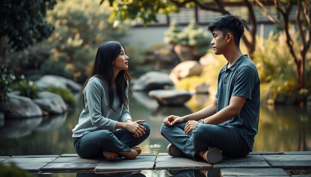 A serene Japanese garden setting, with a tranquil pond reflecting the soft light. In the foreground, two young people, a man and a woman, sit cross-legged facing each other, engaged in a thoughtful dialogue. Their expressions are calm and focused, suggesting a process of mutual understanding and conflict resolution. The background is filled with lush foliage and the muted tones of natural elements, creating a sense of harmony and inner peace. Soft, diffused lighting illuminates the scene, adding to the contemplative atmosphere. The overall composition conveys a balance between the individuals and their surroundings, as they navigate the challenges of their relationship.