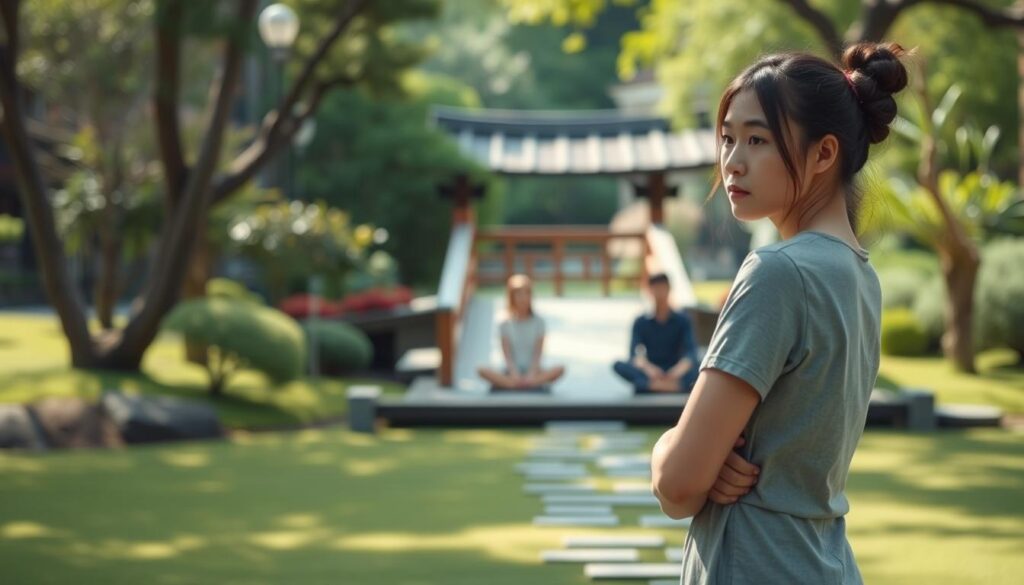 A serene Japanese garden setting, with a young woman standing in the foreground, her expression contemplative and introspective. Soft lighting bathes the scene, casting gentle shadows. The woman's posture is tense, suggesting an internal struggle with perfectionism. In the middle ground, another young person sits cross-legged, their body language withdrawn and guarded. The background features a traditional Japanese bridge, symbolizing the difficulties in navigating interpersonal relationships. The overall atmosphere conveys a sense of emotional tension and the challenges faced by those grappling with the burdens of perfectionism.