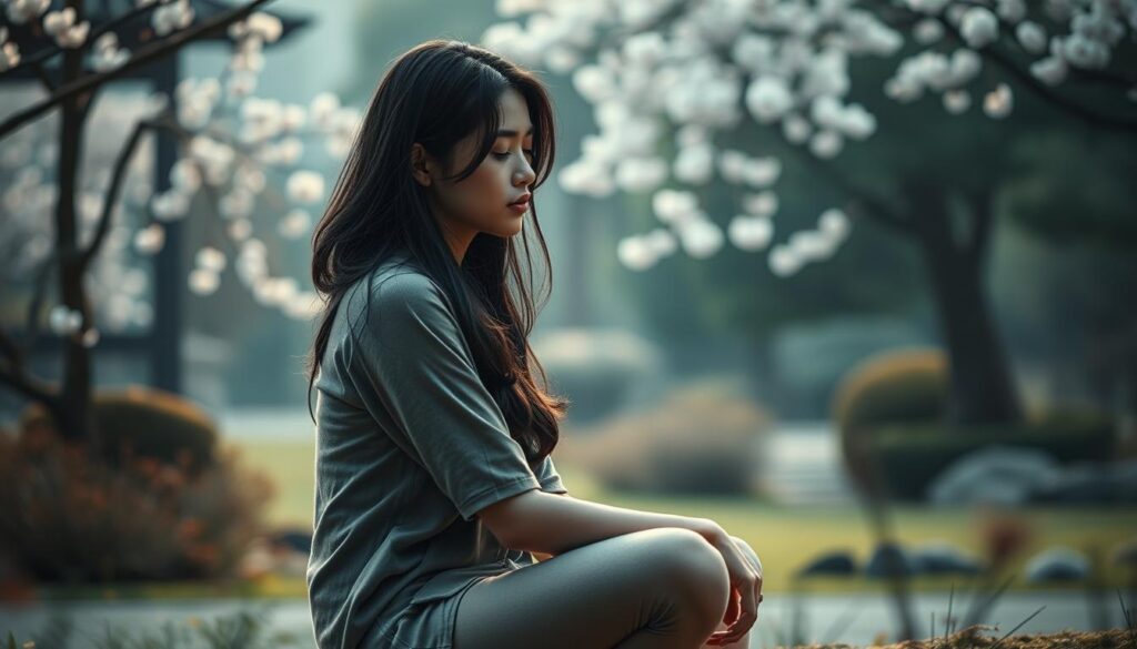 A serene Japanese garden, shrouded in soft light, serves as the backdrop for a poignant scene. In the foreground, a young woman with raven locks sits cross-legged, her eyes closed in deep contemplation. Beside her, a young man reaches out, his hand tentatively brushing her arm, a spark of connection igniting between them. In the middle ground, cherry blossoms drift lazily on the breeze, symbolizing the delicate, fleeting nature of love. The overall mood is one of introspection, growth, and the bittersweet lessons learned from past romantic experiences. Subtle, realistic lighting and a shallow depth of field draw the viewer's focus to the central figures, inviting them to witness this intimate moment of emotional maturation. A serene Japanese garden, shrouded in soft light, serves as the backdrop for a poignant scene. In the foreground, a young woman with raven locks sits cross-legged, her eyes closed in deep contemplation. Beside her, a young man reaches out, his hand tentatively brushing her arm, a spark of connection igniting between them. In the middle ground, cherry blossoms drift lazily on the breeze, symbolizing the delicate, fleeting nature of love. The overall mood is one of introspection, growth, and the bittersweet lessons learned from past romantic experiences. Subtle, realistic lighting and a shallow depth of field draw the viewer's focus to the central figures, inviting them to witness this intimate moment of emotional maturation.