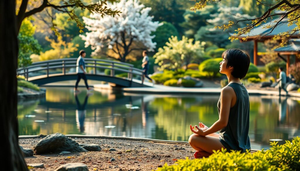 A serene Japanese garden with a calming pond and a bridge, bathed in warm, soft lighting. In the foreground, a young, dark-haired Japanese person sits cross-legged, eyes closed, practicing mindful meditation. They appear relaxed and focused, embodying the principles of stress management. In the middle ground, another young person walks slowly along the garden path, their gait unhurried and deliberate. The background features lush foliage, including cherry blossom trees, creating a tranquil, natural setting that evokes a sense of harmony and inner peace.