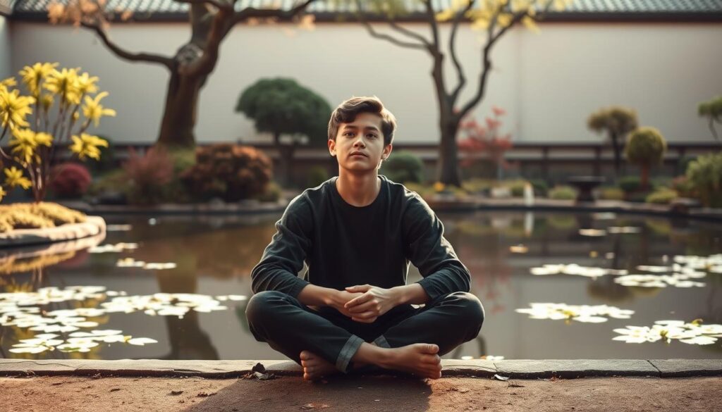 A serene Japanese garden with a reflective pond, soft lighting, and a young ISTP individual sitting cross-legged, contemplating their environment. The person has a pensive expression, embodying the ISTP's characteristic introverted, observant, and analytical nature. The scene conveys a sense of tranquility and introspection, capturing the ISTP's tendency to prefer solitary activities and their ability to deeply engage with their immediate surroundings.