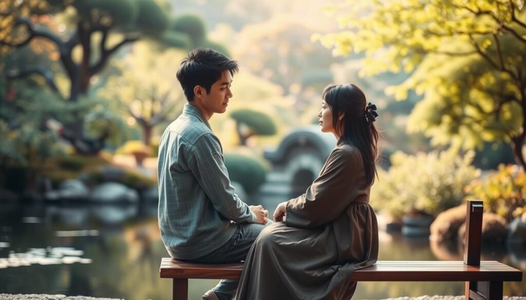 A serene Japanese garden with a tranquil pond and lush foliage. Two young Japanese models, a man and a woman, sit on a polished wooden bench, engaged in an intimate conversation. Soft, warm lighting casts a gentle glow, creating an atmosphere of trust and understanding. The models' body language conveys a sense of openness and connection, as they lean towards each other, eyes locked, building a bond of mutual respect and empathy. The background blurs, keeping the focus on the couple, symbolizing the importance of nurturing a strong, unshakable foundation in their relationship.