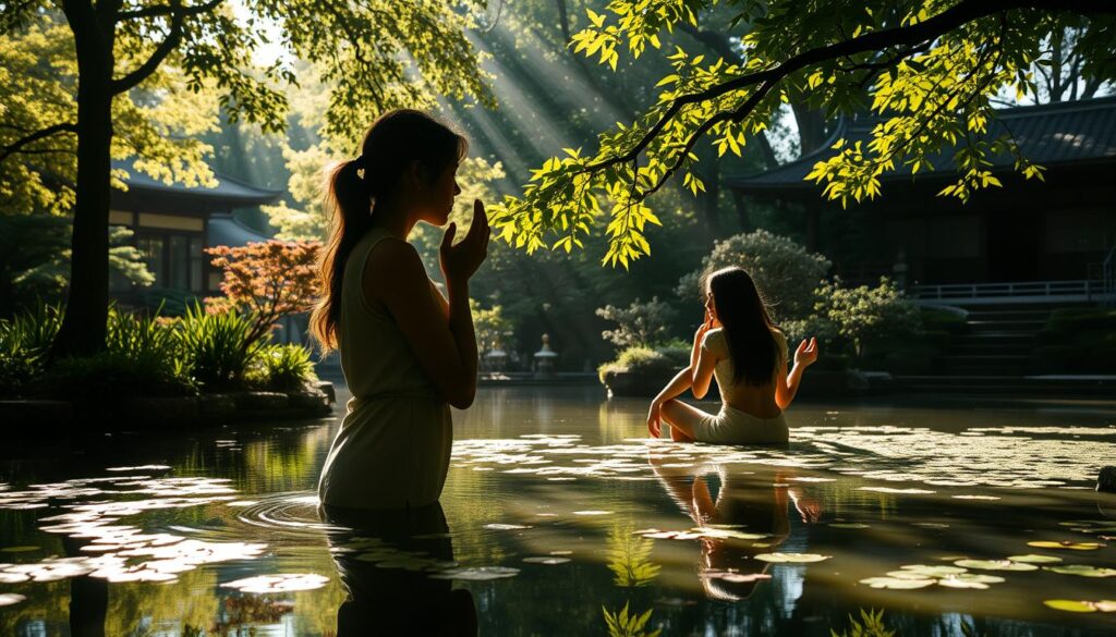 A serene Japanese garden with a tranquil pond, its surface reflecting the graceful silhouettes of young people immersed in contemplation. Dappled sunlight filters through the lush foliage, casting soft shadows that dance across the scene. The individuals, with their thoughtful expressions and naturalistic poses, embody the essence of ISFP - sensitivity, artistry, and a deep connection to the world around them. The overall mood is one of introspection and inner peace, inviting the viewer to discover their own wellspring of creativity and mindfulness.
