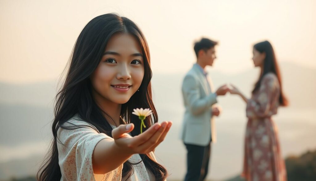 A serene Japanese-inspired scene, capturing the essence of gratitude, etiquette, and trust. In the foreground, a young woman with a warm, gentle expression extends her hands, offering a delicate flower. Her long, flowing black hair frames her face, suggesting a calm, refined demeanor. In the middle ground, two other young people, a man and a woman, engage in a thoughtful exchange, their body language conveying a sense of mutual understanding and respect. The background is a tranquil, minimalist landscape, with softly lit shades of gray and blue, evoking a contemplative atmosphere. The overall composition emanates a sense of harmony, connection, and the importance of maintaining meaningful relationships through appreciation, politeness, and trust.